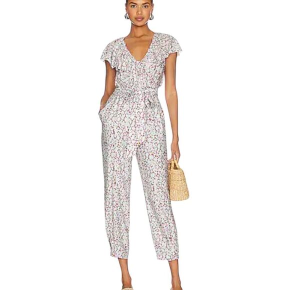 Joie Blue Floral Print Nell Silk Blend Ruffle Jumpsuit | Size 4 - Picture 1 of 11